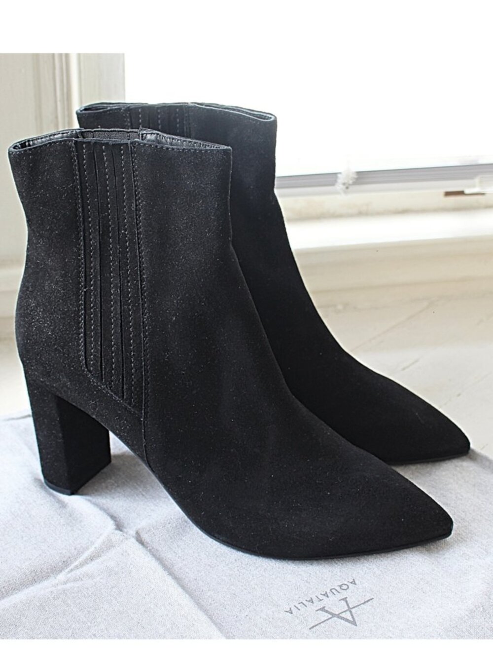 New in Box Aquatalia "Sierra" Water Resistant Suede Ankle Bootie in Black, 12